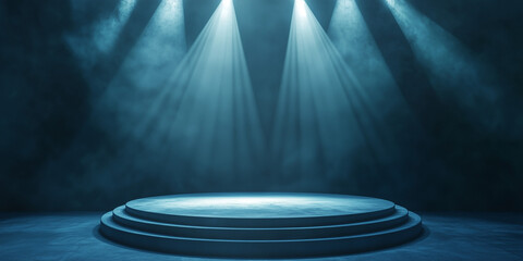 Round podium illuminated by searchlights.