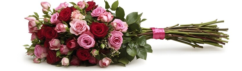 Obraz premium A vibrant bouquet of red and pink roses tied with a ribbon, symbolizing love and affection.