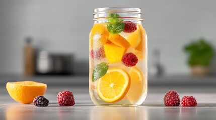 An artistic arrangement of a citrus and berry drink reflects a refreshing and healthy lifestyle in a beautifully designed kitchen with a modern and homely feel.