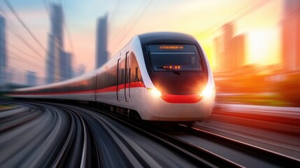 Fototapeta premium A sleek, modern high-speed train races along urban tracks at sunset, creating a motion blur effect that captures the energy and speed of contemporary transportation.