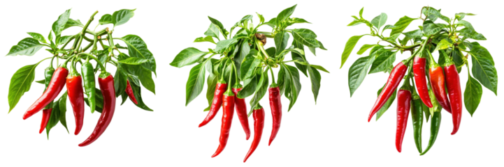 A Set of Fresh Chili Pepper Plants with Lush Green Leaves Isolated on Transparent Background