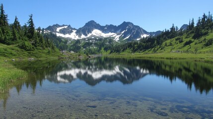 Fototapeta premium A pristine alpine lake with clear water reflecting the snow-capped peaks around it.