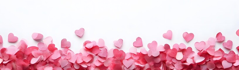 Obraz premium A collection of pink and red heart-shaped confetti on a white background.