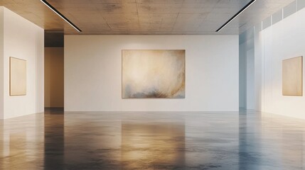 Fototapeta premium A large white room with three paintings on the wall