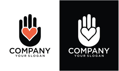 Creative hand and love heart logo, simple abstract line art vector design