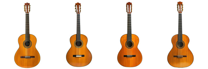 Obraz premium A Set of Classic Acoustic Guitar with Glossy Brown Finish Standing Upright Isolated on Transparent Background