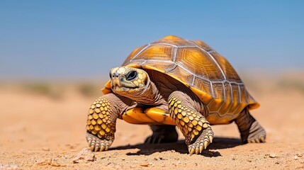 Fototapeta premium Desert tortoise walking on sand, clear sky background; nature documentary use
