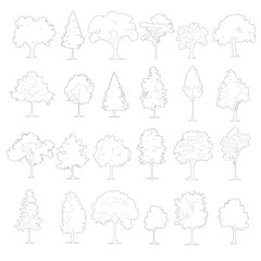 Cad trees elevation, set of trees, vector trees, linear silhouettes