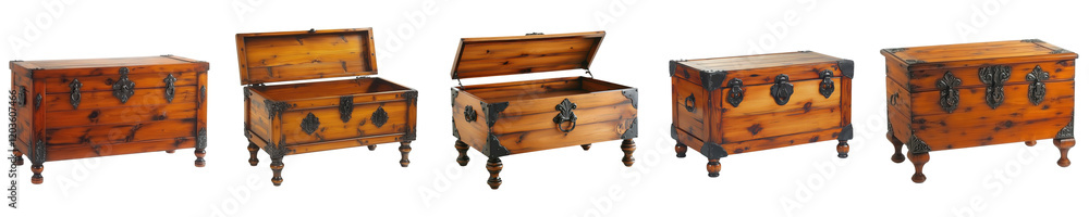 Poster sustainable. assorted wooden chests with colorful designs displayed in a row against a transparent b