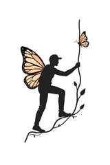 Silhouette of a man with large butterfly wings climbing a grapevine. Fantastic scene. Black and white outline image on a white background