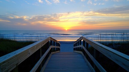 Obraz premium A wooden bridge leads to the beach