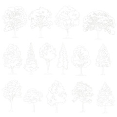 Cad trees elevation, set of trees, vector trees,linear silhouettes