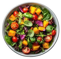 Colorful mixed salad with fresh vegetables and herbs on a white background