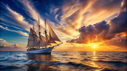 Obraz premium Delicate Sailboat at Dawn: Calm Waters, Copy Space Left