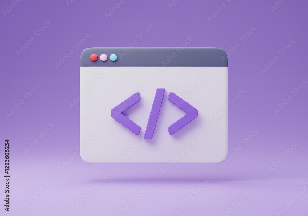 Poster a modern 3d illustration of a browser window with purple coding brackets