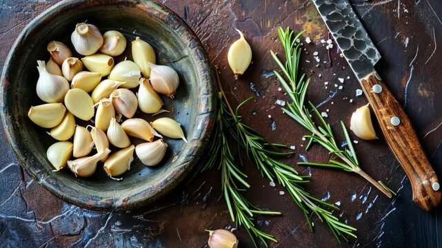 This video showcases fresh garlic and rosemary on a dark surface. Ideal for cooking enthusiasts. The elements highlight natural ingredients in culinary arts. Generative AI