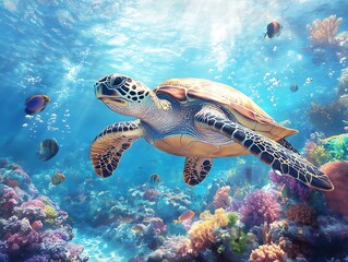 Graceful sea turtle swimming among coral reefs in colorful ocean depths