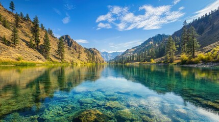 A serene river bend with clear water, reflecting the vibrant green trees along its banks.