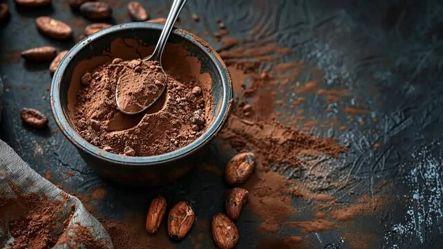 Cocoa powder is shown in a rustic bowl with cocoa beans. The rich colors and textures inspire baking and cooking ideas. Ideal for food blogs and recipe creators. Generative AI