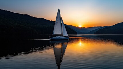 A sailboat is sailing on a lake at sunset