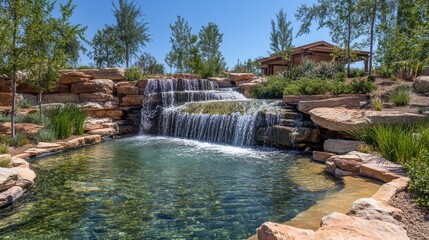 Fototapeta premium A serene waterfall cascading into a crystal-clear pool surrounded by summer greenery.