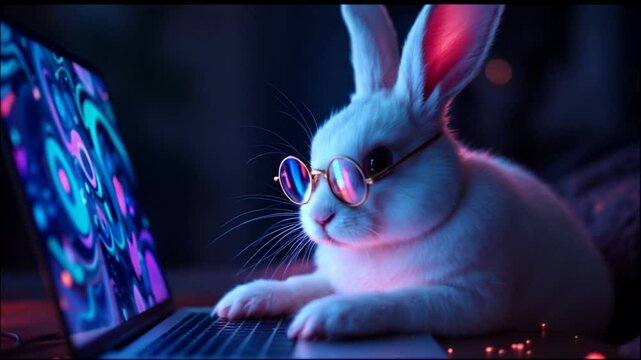 A smooth dolly-in movement towards a rabbit sitting in front of a laptop, focusing on the rabbit's face and the screen. 