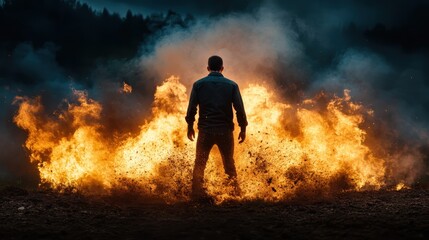 A silhouetted figure stands amid roaring flames, embracing the fiery environment, symbolizing strength and the human battle against the primal forces of nature.