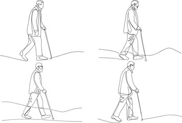 An Elderly Old Man Walking With A Walking Cane Continuous One Line Drawing Illustration In Editable Stroke On An Isolated White Background