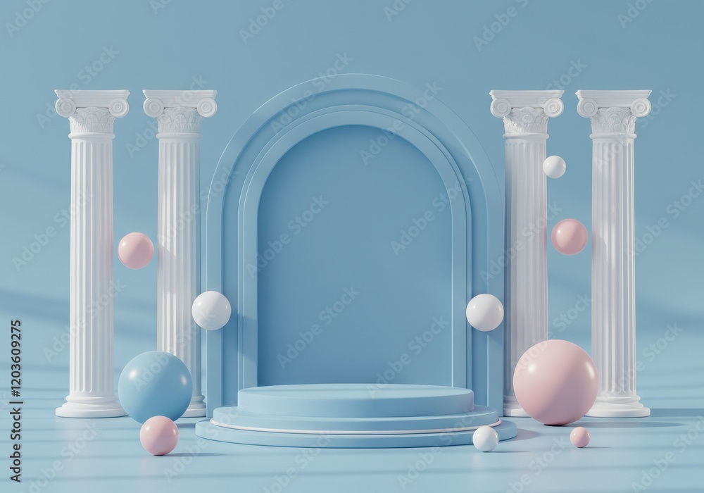 Poster a 3d minimalistic scene of a blue arched podium with classical columns and soft sunlight streaming i
