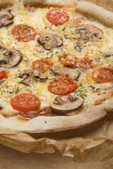 Pizza com queijo mzarella e vários sabores e condimentos, feita de massa fina, farinha