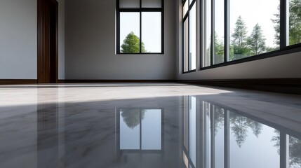 Fototapeta premium Sunlit Room Interior with Reflective Marble Floor and Large Windows Overlooking Trees