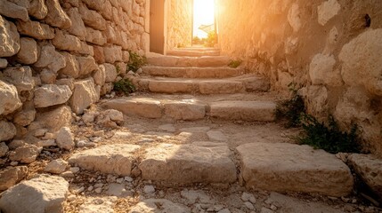 Golden sunlight bathes stone steps leading through a rustic pathway, surrounded by nature, creating a tranquil ambiance that invites exploration and peace.