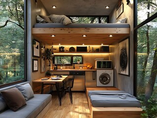 Cozy modern loft design forest retreat interior space natural light aesthetic