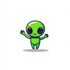Green alien character with a big smile and cartoonish features isolated on a white background