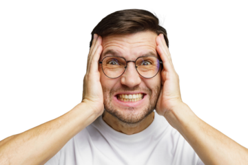 Man expressing frustration with hands on his head, showcasing a range of emotions in a simple setting