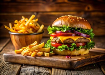 Delicious Burger and Crispy French Fries - Candid Photo