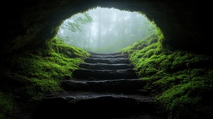 Descending mossy steps lead into an inviting yet enigmatic forest landscape, where the mystical atmosphere envelops the viewer in nature's quiet charm and intrigue.