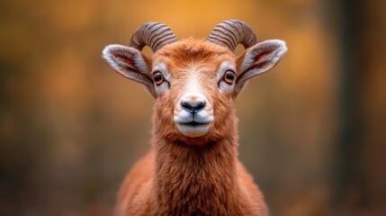 Obraz premium This image features a charming ram with spiraled horns, set in a warm, glowing atmosphere that highlights its adorable expression and rich fur tones.