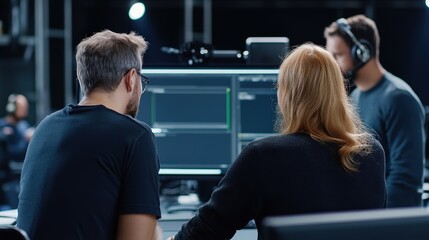 Movie Production Team Collaboration Creative Professionals Reviewing Footage on Multiple Monitors During Post-Production