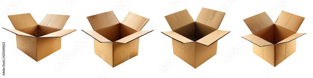 Aufkleber sustainable. four open cardboard boxes on a transparent background showcasing various angles.