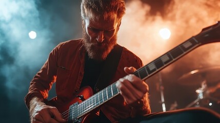 Obraz premium A passionate guitarist captivates the audience with an intense performance on stage, highlighted by dramatic lighting and a strong emotional connection with the music.