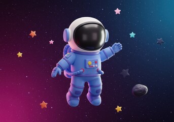 A playful 3D illustration of a purple and blue astronaut floating in space with stars around