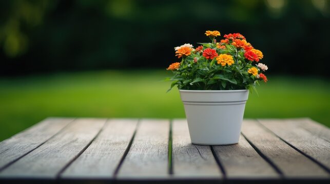 A white pot of colorful zinnias placed on a wooden garden table.