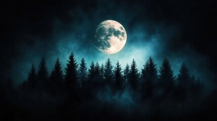A striking full moon shines brightly against a backdrop of dark clouds and trees, presenting a mystical twilight scene imbued with serenity and emotion.