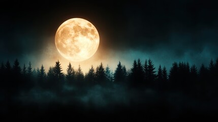 A stunning scene of a golden moon setting behind tall dark pine trees, creating a serene and magical atmosphere amidst the stillness of the night.