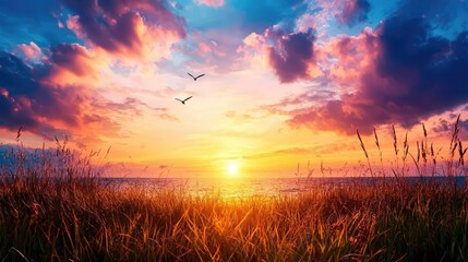 Fototapeta premium Vibrant sunset over ocean, grasses foreground, peaceful sky, birds in flight; ideal for travel or serenity themes