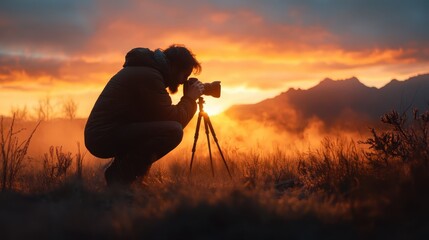 A silhouetted photographer kneels amidst the smoky hues of a sunset, intensely focused on capturing the breathtaking view with a DSLR camera on a sturdy tripod.