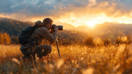 A passionate photographer crouches in golden grass, capturing the vivid sunset as light cascades over the landscape using a professional camera mounted on a tripod.
