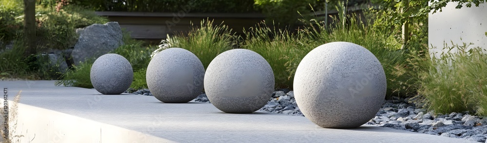 Poster a series of four concrete spheres arranged along a pathway in a landscaped setting.