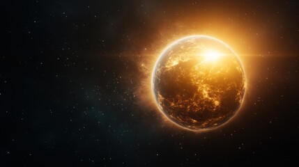 Obraz premium This dynamic image presents a fiery celestial body, capturing the essence of energy and movement in space, providing a compelling view of the planet surrounded by radiant light.